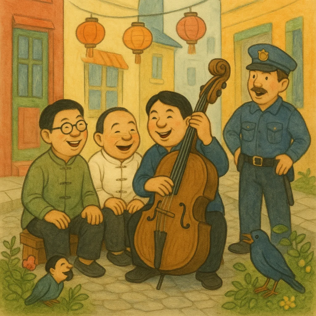 Drei lachende Männer sitzen auf einer Stadtstraße, einer spielt Kontrabass, im Hintergrund bunte Häuser und ein neugieriger Polizist, illustriert im klassischen Bilderbuchstil.