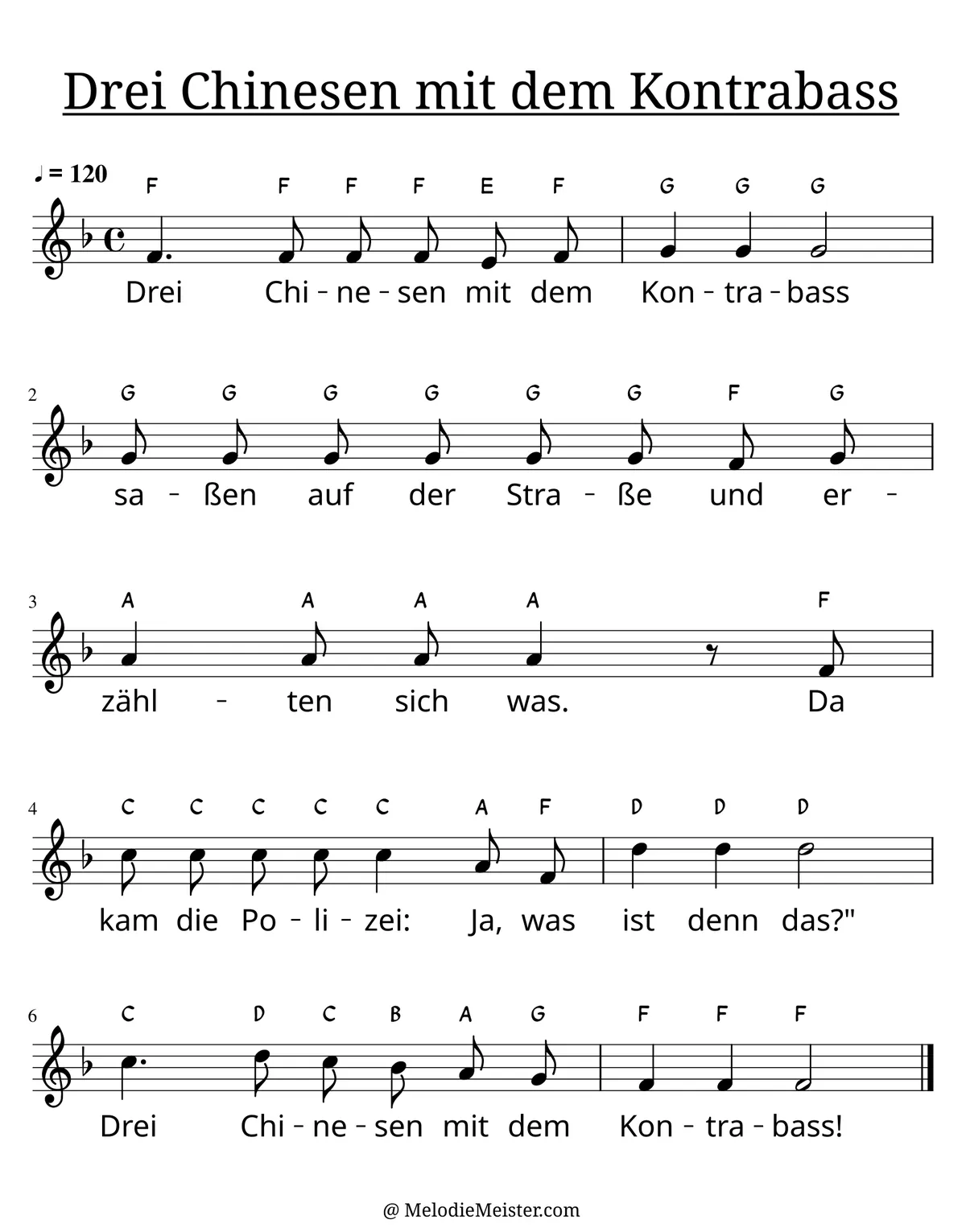 Notenblatt „Drei Chinesen mit dem Kontrabass“. Einstimmige Melodie im Violinschlüssel, F-Dur, 4/4-Takt, mit der 1. Strophe des Liedtextes.
