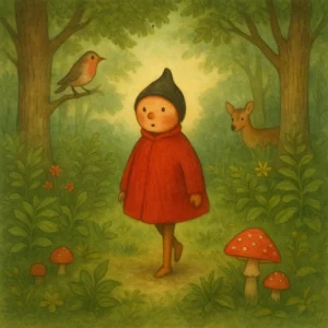 Ein rätselhaftes Männlein mit purpurrotem Mantel und schwarzem Käppchen steht auf einer Lichtung im Wald, umgeben von Farnen, Pilzen und Tieren, illustriert im klassischen Bilderbuchstil.