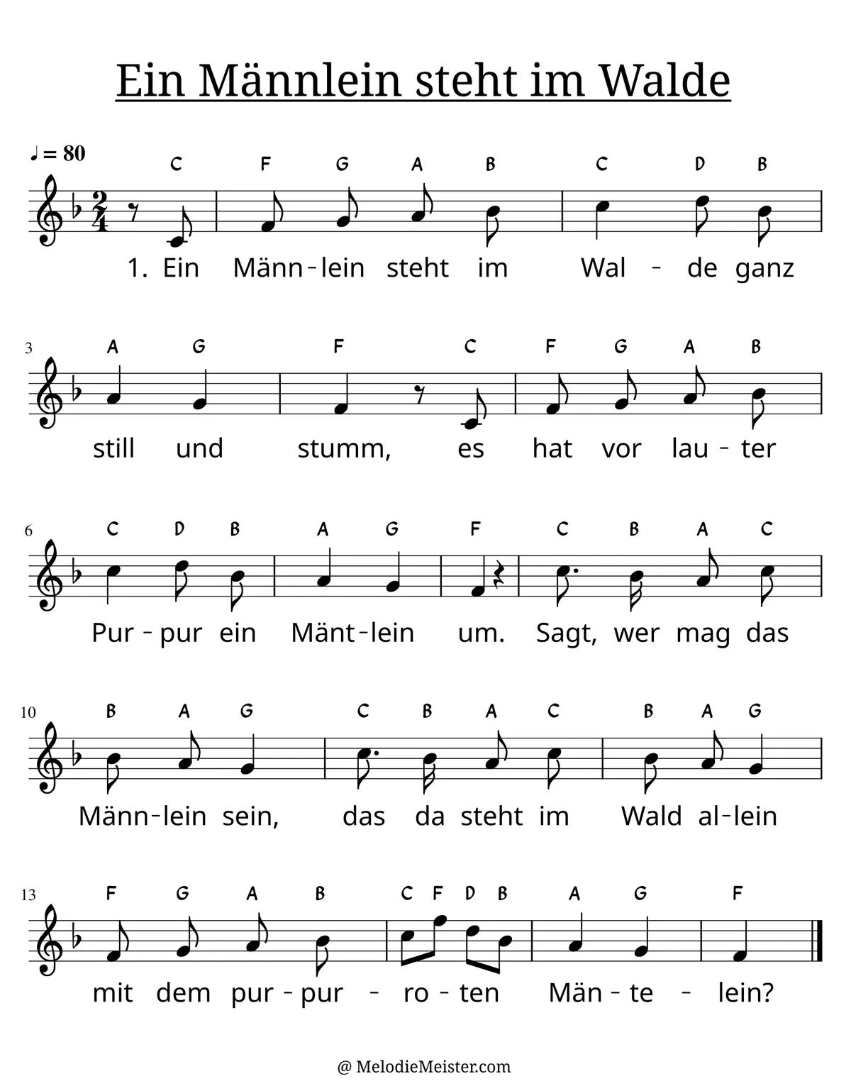 Notenblatt „Ein Männlein steht im Walde“. Einstimmige Melodie im Violinschlüssel, F-Dur, 2/4-Takt, mit der 1. Strophe des Liedtextes.