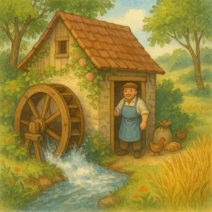 Alte Wassermühle mit Mühlrad am rauschenden Bach, umgeben von Natur, freundlicher Müller an der Tür, ländliche Szene im Stil eines klassischen Bilderbuchs.