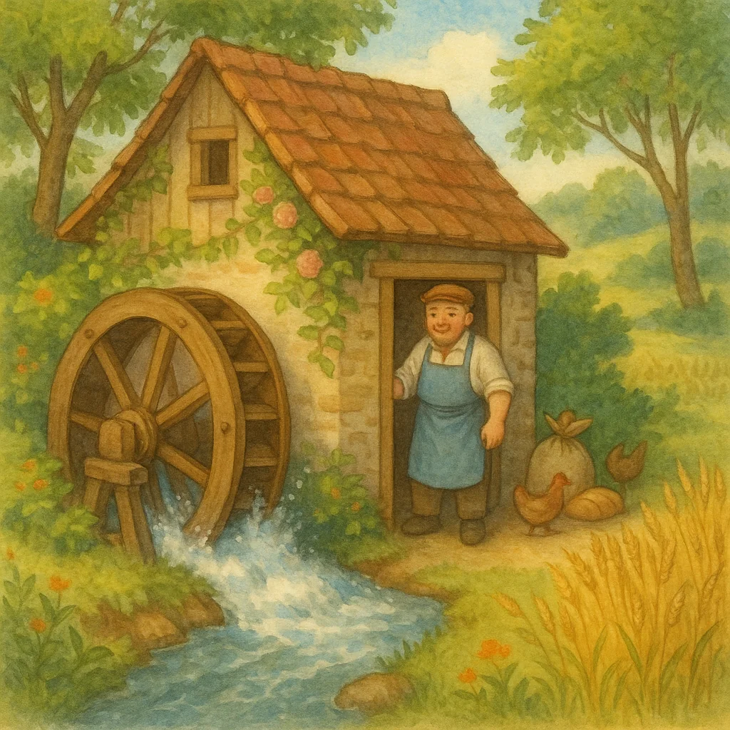 Alte Wassermühle mit Mühlrad am rauschenden Bach, umgeben von Natur, freundlicher Müller an der Tür, ländliche Szene im Stil eines klassischen Bilderbuchs.