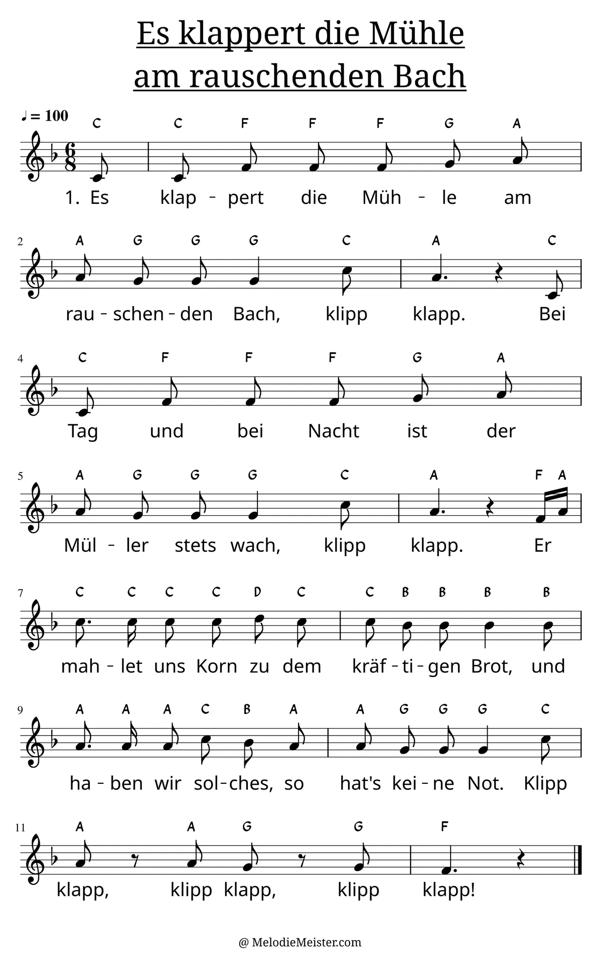 Notenblatt „Es klappert die Mühle am rauschenden Bach“. Einstimmige Melodie im Violinschlüssel, F-Dur, 6/8-Takt, mit der 1. Strophe des Liedtextes.