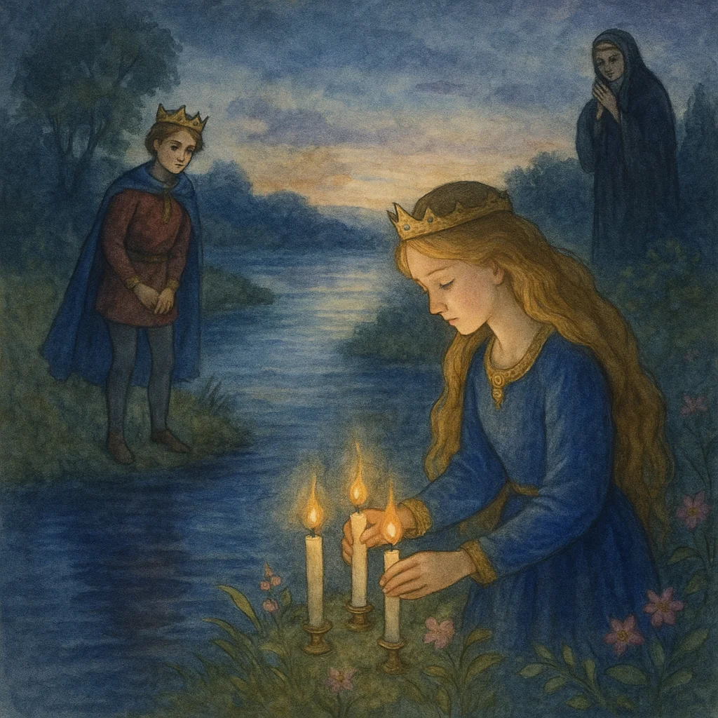 Zwei Königskinder an getrennten Ufern eines Flusses, Mädchen zündet Kerzen an, Prinz blickt traurig zu ihr, Nonne löscht Kerzen, melancholische Märchenszene.