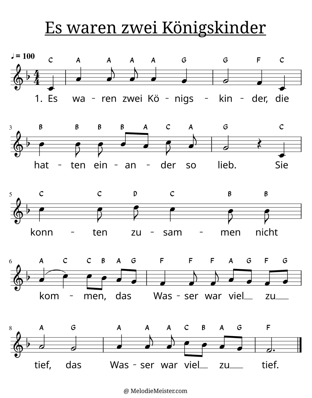 Notenblatt „Es waren zwei Königskinder“. Einstimmige Melodie im Violinschlüssel, F-Dur, 4/4-Takt, mit der 1. Strophe des Liedtextes.
