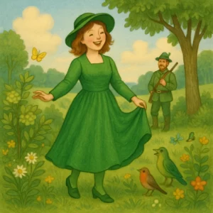 Eine junge Frau in grüner Kleidung steht lachend auf einer Wiese, umgeben von grünen Pflanzen und Bäumen, im Hintergrund ein Jäger in Tracht, liebevoll illustriert im klassischen Kinderbuchstil.
