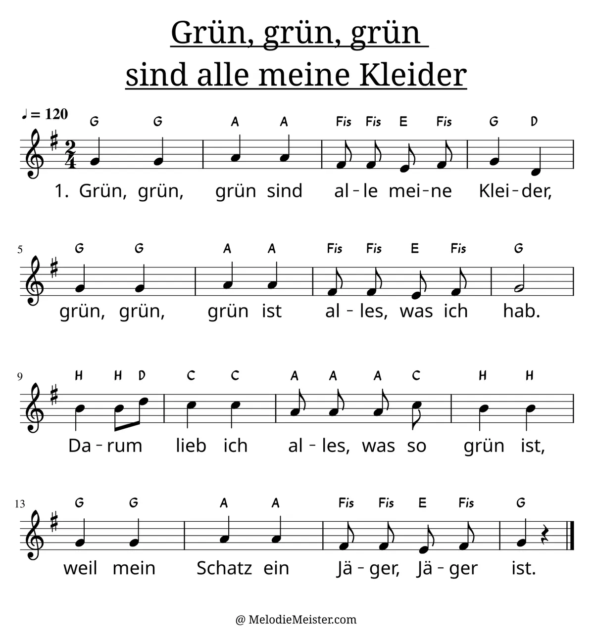 Notenblatt „Grün, grün, grün sind alle meine Kleider“. Einstimmige Melodie im Violinschlüssel, G-Dur, 2/4-Takt, mit der 1. Strophe des Liedtextes.