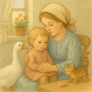 Kind sitzt auf dem Schoß der Mutter, daneben eine weiße Gans und ein Kätzchen mit Schwanz, tröstliche Szene im Stil eines klassischen Kinderbuchs.