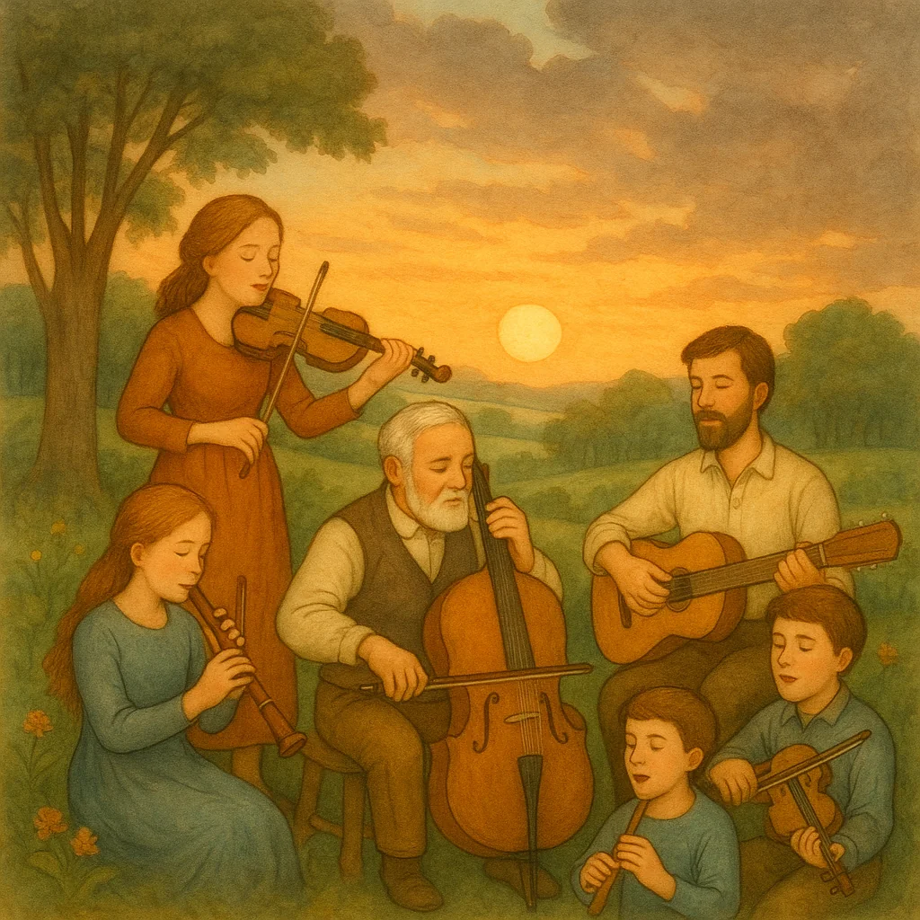 Mehrere Menschen unterschiedlichen Alters musizieren gemeinsam im Abendlicht, die Sonne geht hinter Bäumen unter, der Himmel ist wolkenverhangen, liebevoll illustriert im klassischen Bilderbuchstil.