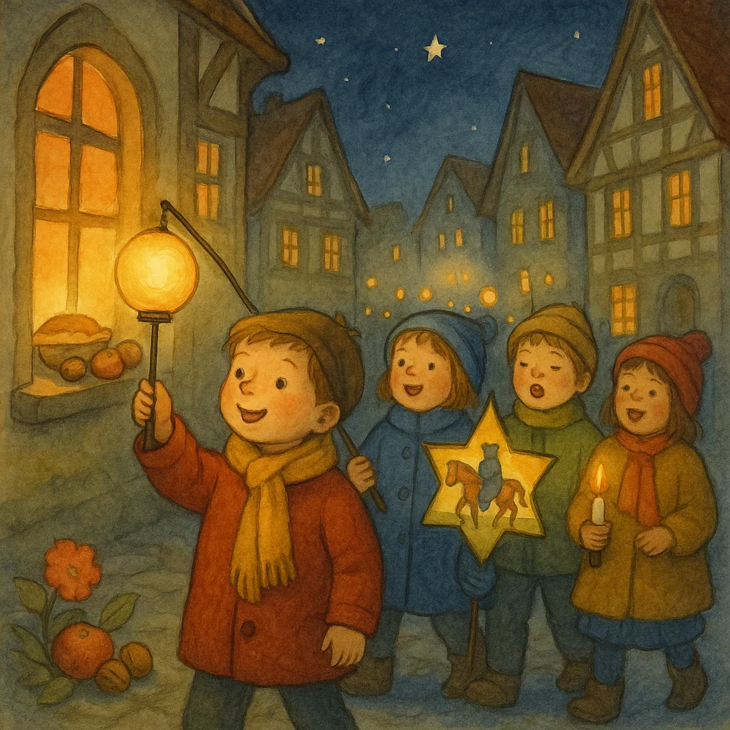 Kinderbuch-Illustration: Kinder ziehen mit leuchtenden Laternen und Kerzen durch eine festlich geschmückte Straße, ein Kind hält stolz ein Lämpchen, im Hintergrund leuchten Fachwerkhäuser, auf der Fensterbank liegen Martinskuchen, Äpfel und Nüsse.