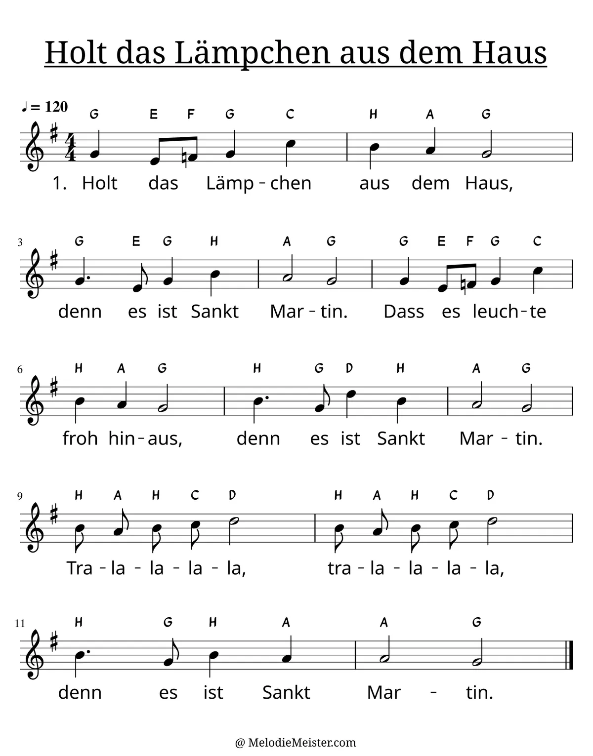Notenblatt „Holt das Lämpchen aus dem Haus“. Einstimmige Melodie im Violinschlüssel, G-Dur, 4/4-Takt, mit der 1. Strophe des Liedtextes.