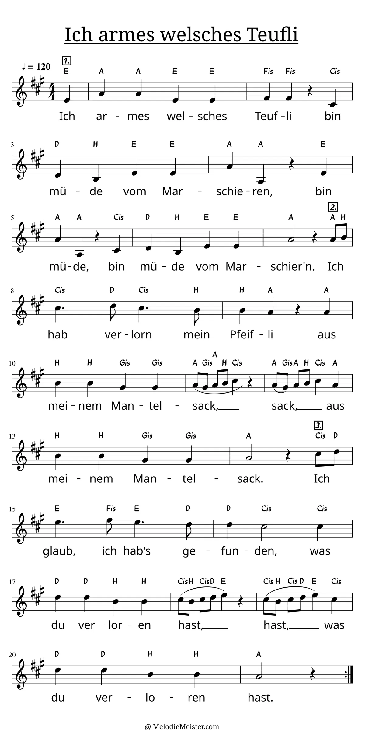 Notenblatt „Ich armes welsches Teufli (Kanon)“. Einstimmige Melodie im Violinschlüssel, A-Dur, 4/4-Takt, mit der 1. Strophe des Liedtextes.