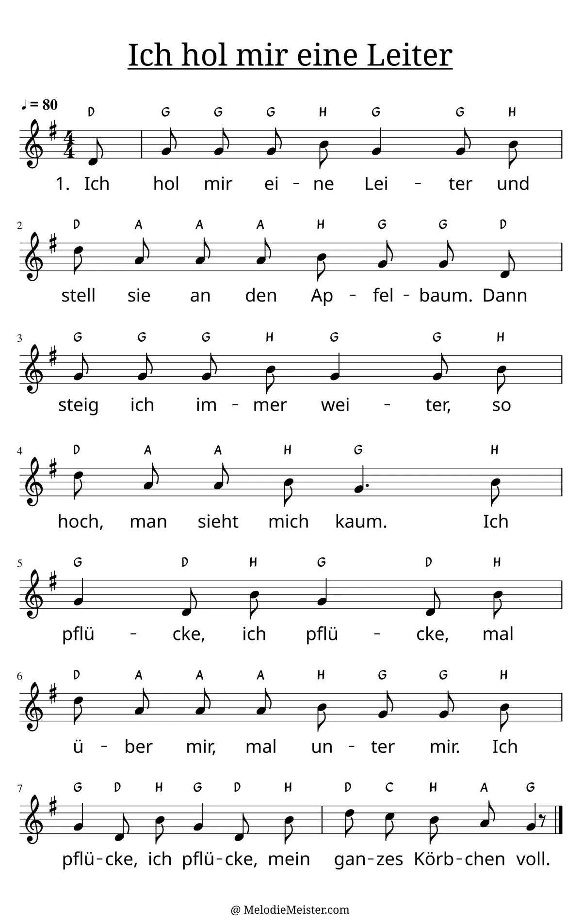 Notenblatt „Ich hol mir eine Leiter“. Einstimmige Melodie im Violinschlüssel, G-Dur, 4/4-Takt, mit der 1. Strophe des Liedtextes.