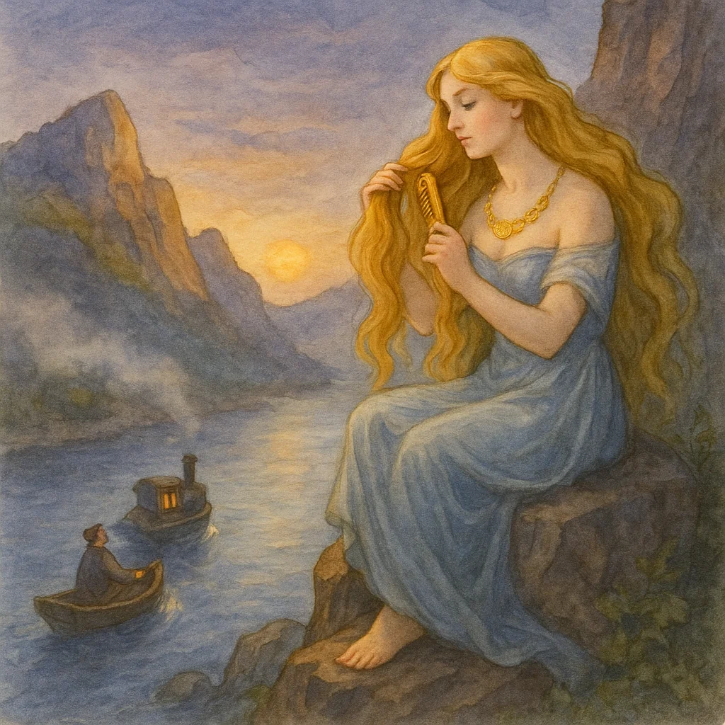 Loreley mit goldenem Haar auf Felsen am Rhein, kämmt ihr Haar im Abendlicht, Schiffer im Boot, melancholisch-mystische Szene.