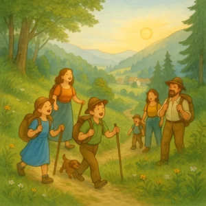 Eine Gruppe von Wanderern steigt am frühen Morgen einen Waldweg hinauf, Sonnenstrahlen brechen durch die Bäume, unten im Tal liegen Häuser im Dunst, illustriert im klassischen Bilderbuchstil.