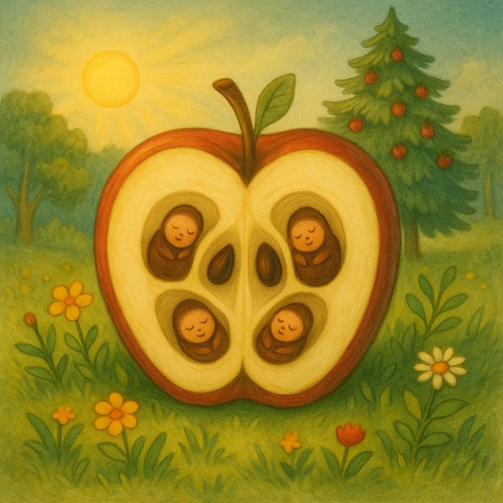 Ein aufgeschnittener Apfel zeigt fünf kleine Stübchen mit schwarzen Kernen auf einer blühenden Wiese, im Hintergrund ein Weihnachtsbaum, liebevoll illustriert im klassischen Bilderbuchstil.