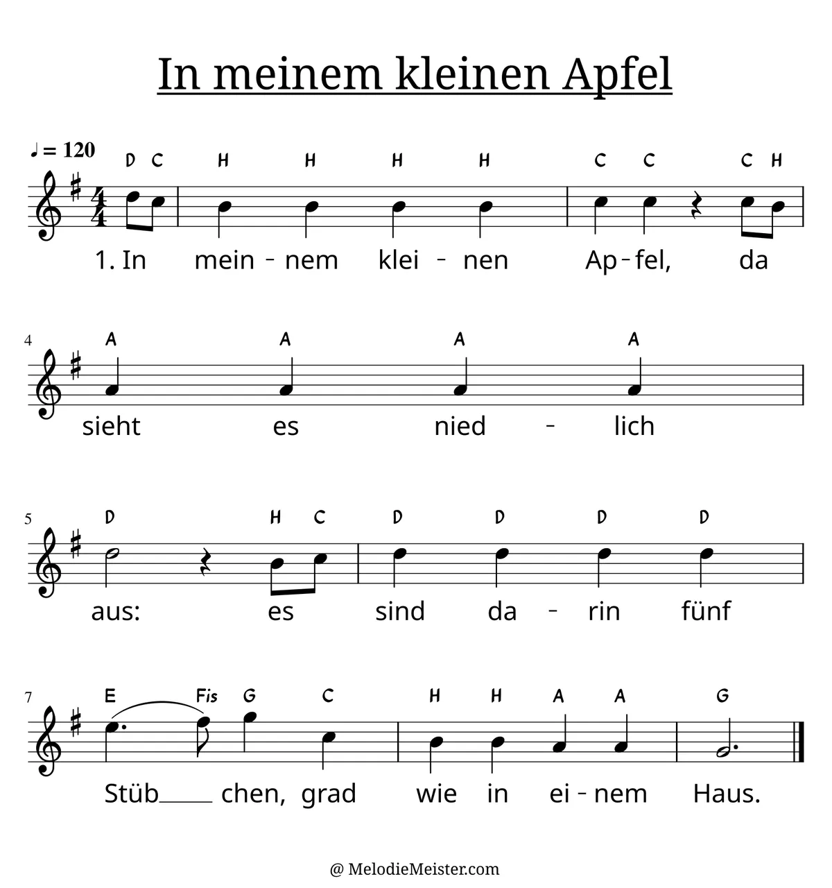 Notenblatt „In meinem kleinen Apfel“. Einstimmige Melodie im Violinschlüssel, G-Dur, 4/4-Takt, mit der 1. Strophe des Liedtextes.