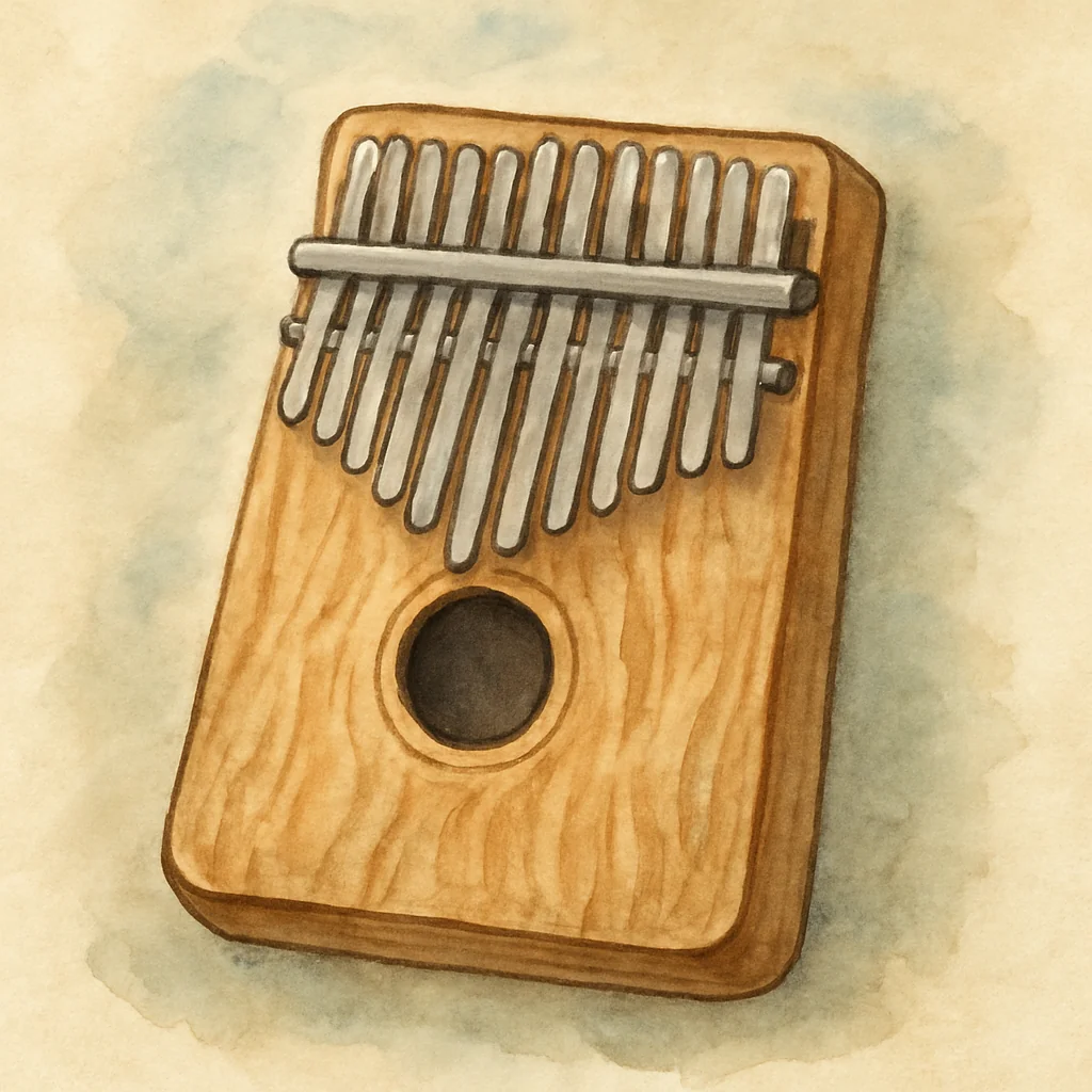 Ein handgemaltes Aquarell, das eine Kalimba mit hellem Holzkorpus und metallenen Zungen auf einem weichen, strukturierten Hintergrund darstellt.