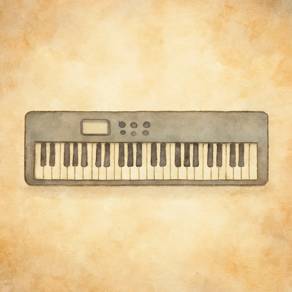 Eine handgezeichnete Aquarell-Illustration, die ein elektronisches Keyboard mit schwarzen und weißen Tasten vor einem braunen, aquarellierten Hintergrund darstellt.