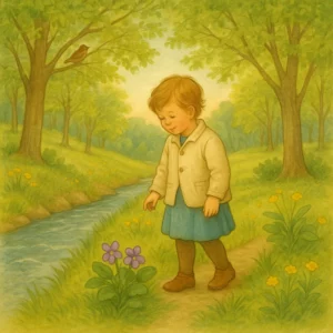Ein Kind steht am Bachufer und schaut auf blühende Veilchen, umgeben von grünenden Bäumen und frischen Frühlingsblumen, illustriert im klassischen Kinderbuchstil.