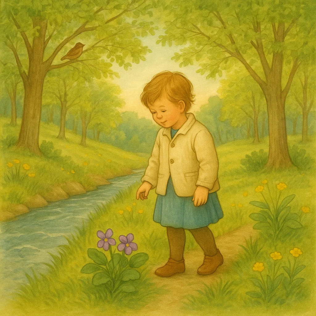 Ein Kind steht am Bachufer und schaut auf blühende Veilchen, umgeben von grünenden Bäumen und frischen Frühlingsblumen, illustriert im klassischen Kinderbuchstil.