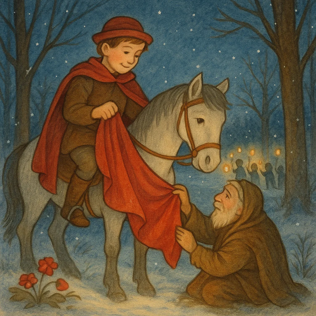 Kinderbuch-Illustration: Sankt Martin auf dem Pferd teilt mitfühlend seinen roten Mantel mit einem alten Bettler am winterlichen Waldrand, umgeben von Kindern mit Laternen, sanftem Schnee und einem leuchtenden Abendhimmel.