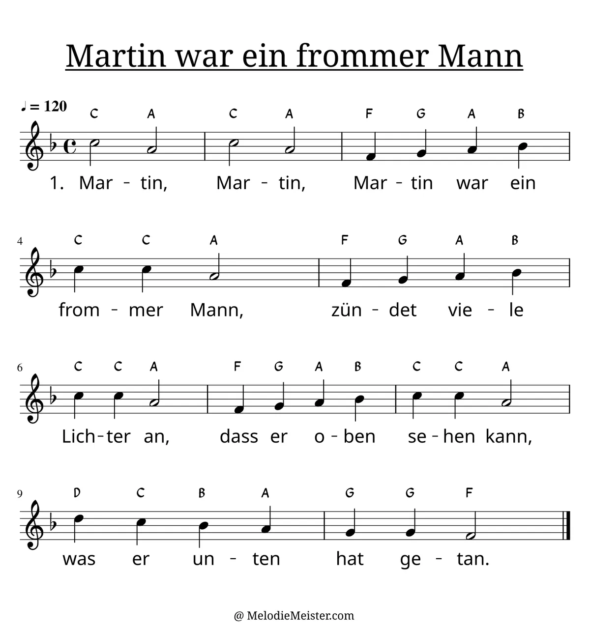 Notenblatt „Martin war ein frommer Mann“. Einstimmige Melodie im Violinschlüssel, F-Dur, 4/4-Takt, mit der 1. Strophe des Liedtextes.