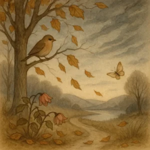 Melancholische Kinderbuch-Illustration: Eine Linde verliert im Wind ihr Laub, Blätter tanzen über einen kleinen Weg, ein Fink sitzt traurig auf einem Ast, am Boden liegen verwelkte Blumen, ein letzter Schmetterling fliegt am See, dunkle Wolken verdecken die Sterne – passend zum Lied „Näher rückt die trübe Zeit“.