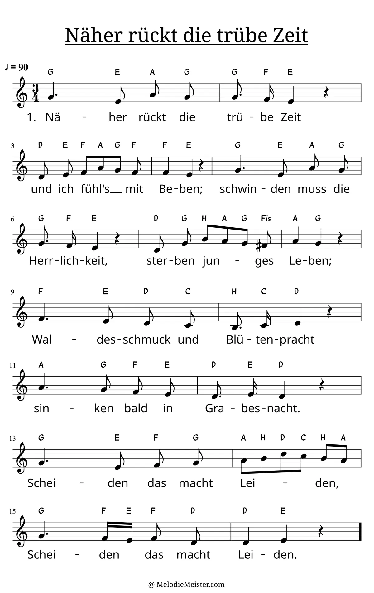 Notenblatt „Näher rückt die trübe Zeit“. Einstimmige Melodie im Violinschlüssel, C-Dur, 3/4-Takt, mit der 1. Strophe des Liedtextes.