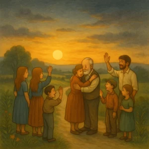 Mehrere Menschen verabschieden sich auf einem Feldweg bei Sonnenuntergang, der Himmel ist weit und golden, liebevoll illustriert im klassischen Bilderbuchstil.