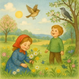 Fröhliche Frühlingslandschaft mit Lerche und Kuckuck, Kinder genießen die ersten Blumen, alles liebevoll wie im Bilderbuch illustriert.