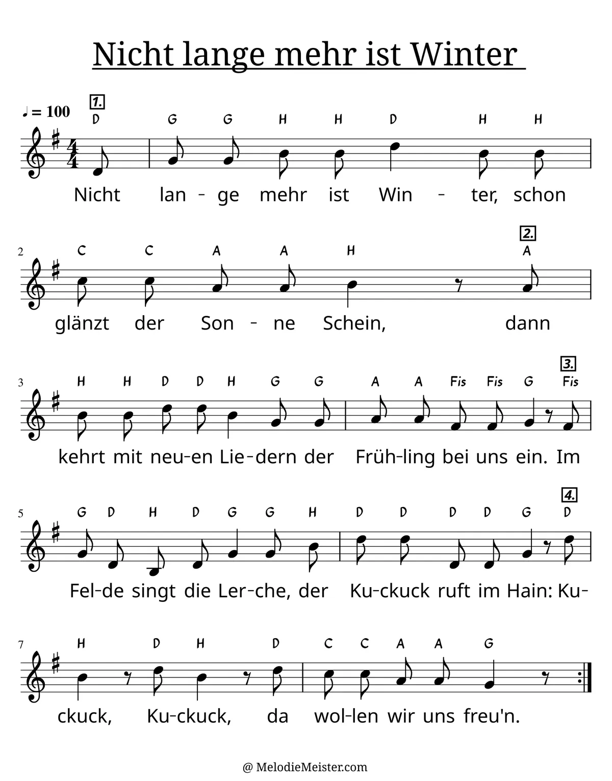 Notenblatt „Nicht lange mehr ist Winter (Kanon)“. Einstimmige Melodie im Violinschlüssel, G-Dur, 4/4-Takt, mit der 1. Strophe des Liedtextes.