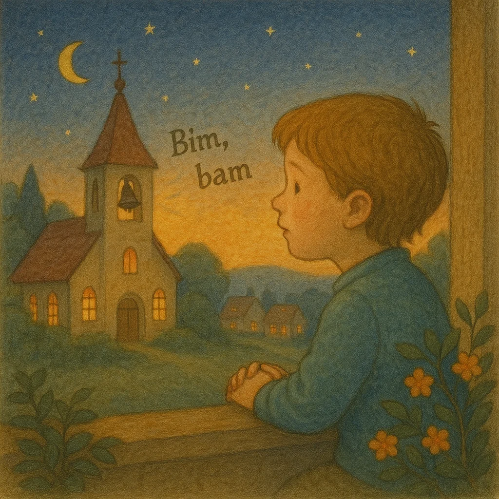 Stimmungsvolle Illustration: Ein Kind genießt am Abend die ruhige Dämmerung, im Hintergrund läuten die Glocken einer kleinen Kirche, liebevoll wie im Bilderbuch.
