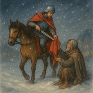 Kinderbuch-Illustration: Sankt Martin teilt auf seinem Pferd im winterlichen Schneesturm seinen roten Mantel mit einem frierenden Bettler am Wegrand, Schneeflocken wirbeln, die Szene wirkt ruhig und warmherzig.