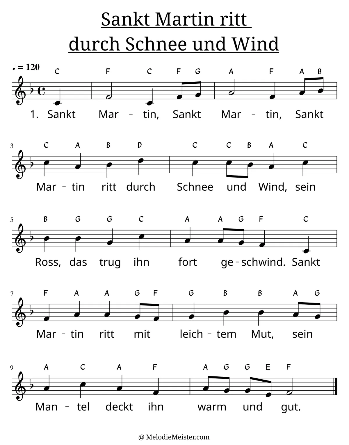Notenblatt „Sankt Martin ritt durch Schnee und Wind“. Einstimmige Melodie im Violinschlüssel, F-Dur, 4/4-Takt, mit der 1. Strophe des Liedtextes.