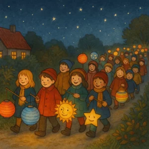 Viele Kinder mit bunten, leuchtenden Laternen ziehen abends in einer langen Reihe durch die Straßen, festlich-fröhliche Szene im Bilderbuchstil.