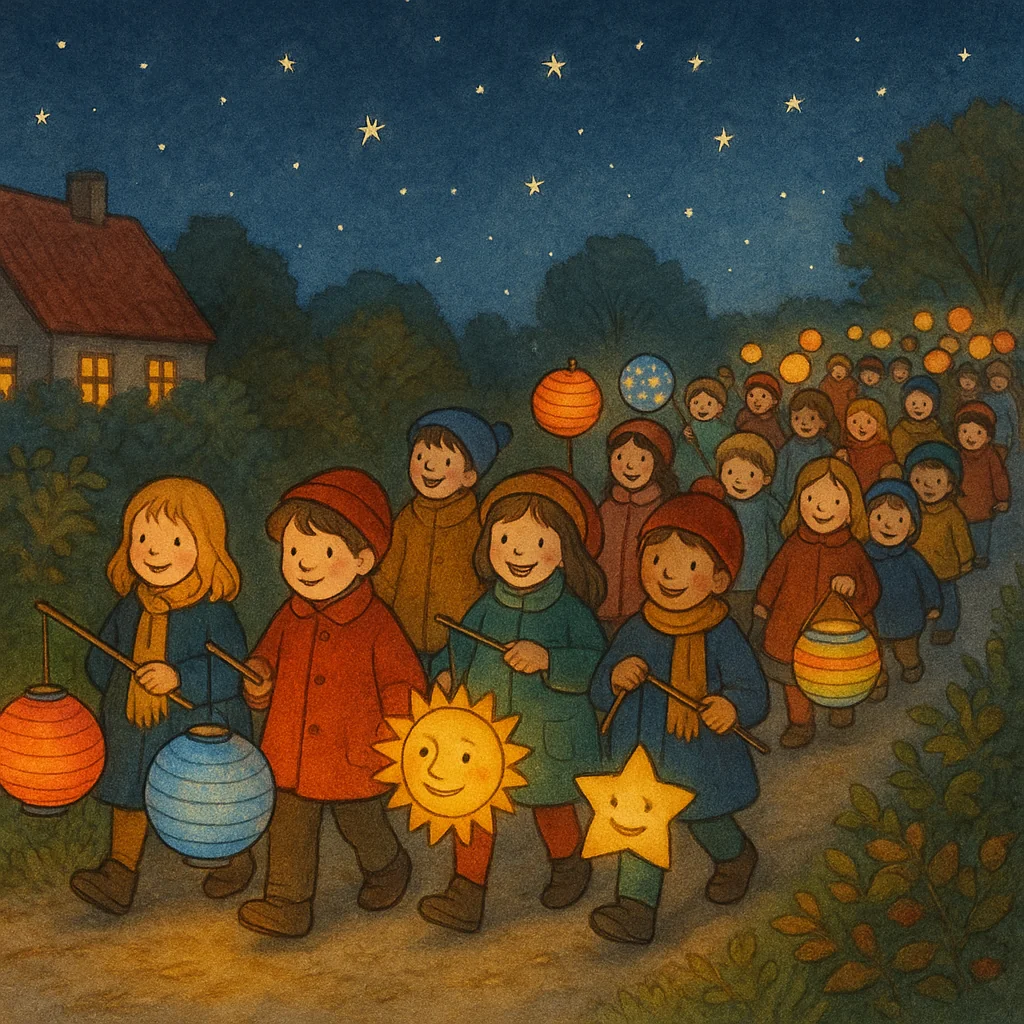 Viele Kinder mit bunten, leuchtenden Laternen ziehen abends in einer langen Reihe durch die Straßen, festlich-fröhliche Szene im Bilderbuchstil.