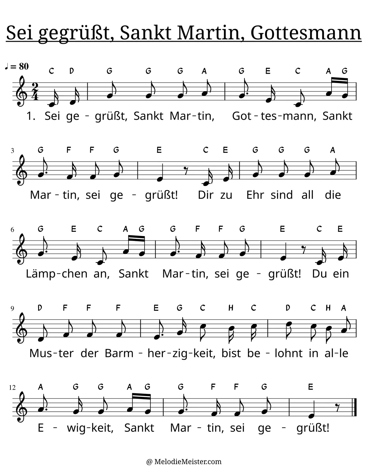 Notenblatt „Sei gegrüßt, Sankt Martin, Gottesmann“. Einstimmige Melodie im Violinschlüssel, C-Dur, 2/4-Takt, mit der 1. Strophe des Liedtextes.