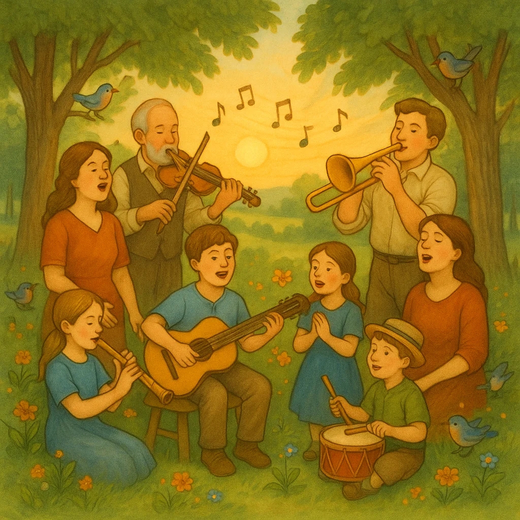 Mehrere Kinder und Erwachsene musizieren gemeinsam im Grünen, spielen Instrumente und singen fröhlich, liebevoll illustriert im klassischen Bilderbuchstil.