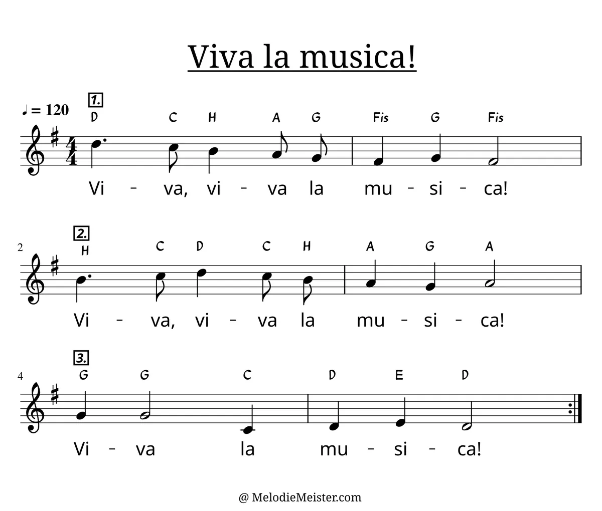 Notenblatt „Viva la musica (Kanon)“. Einstimmige Melodie im Violinschlüssel, G-Dur, 4/4-Takt, mit der 1. Strophe des Liedtextes.
