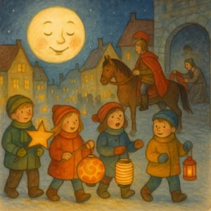 Kinderbuch-Illustration: Kinder mit bunten Laternen ziehen durch eine abendliche Stadt, der Mond leuchtet freundlich am Himmel, im Hintergrund teilt Sankt Martin auf dem Pferd seinen Mantel mit einem Bettler. Häuser sind festlich erleuchtet.