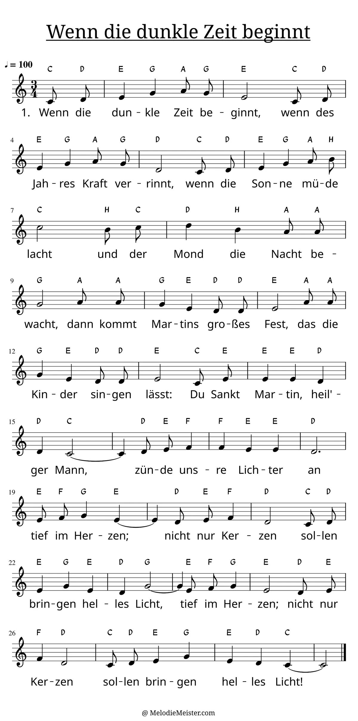Notenblatt „Wenn die dunkle Zeit beginnt“. Einstimmige Melodie im Violinschlüssel, C-Dur, 3/4-Takt, mit der 1. Strophe des Liedtextes.