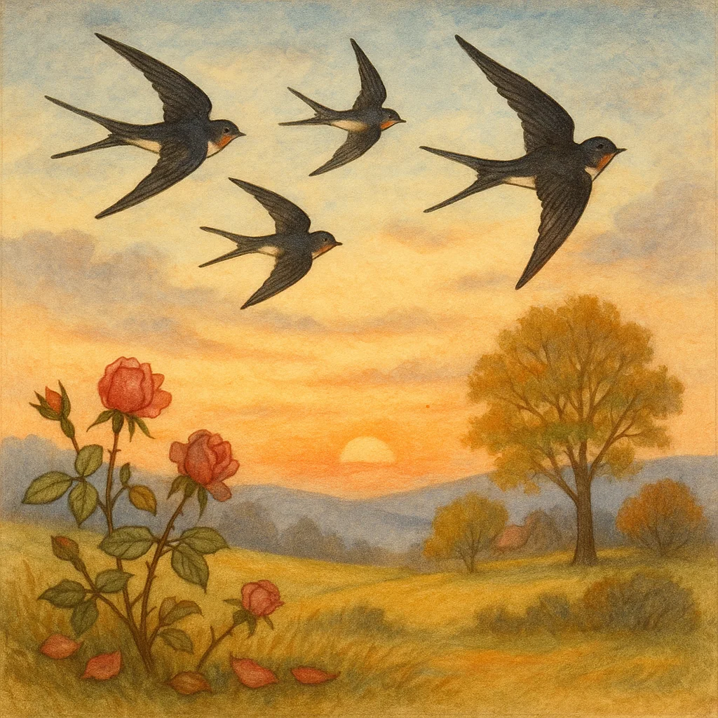 Melancholische Kinderbuch-Illustration: Schwalben fliegen am abendlichen Himmel in den Süden, letzte Rosenblüten welken im Vordergrund, goldenes Abendrot färbt die Landschaft – eine ruhige, zarte Szene passend zum Lied „Wenn die Schwalben heimwärts ziehn“.