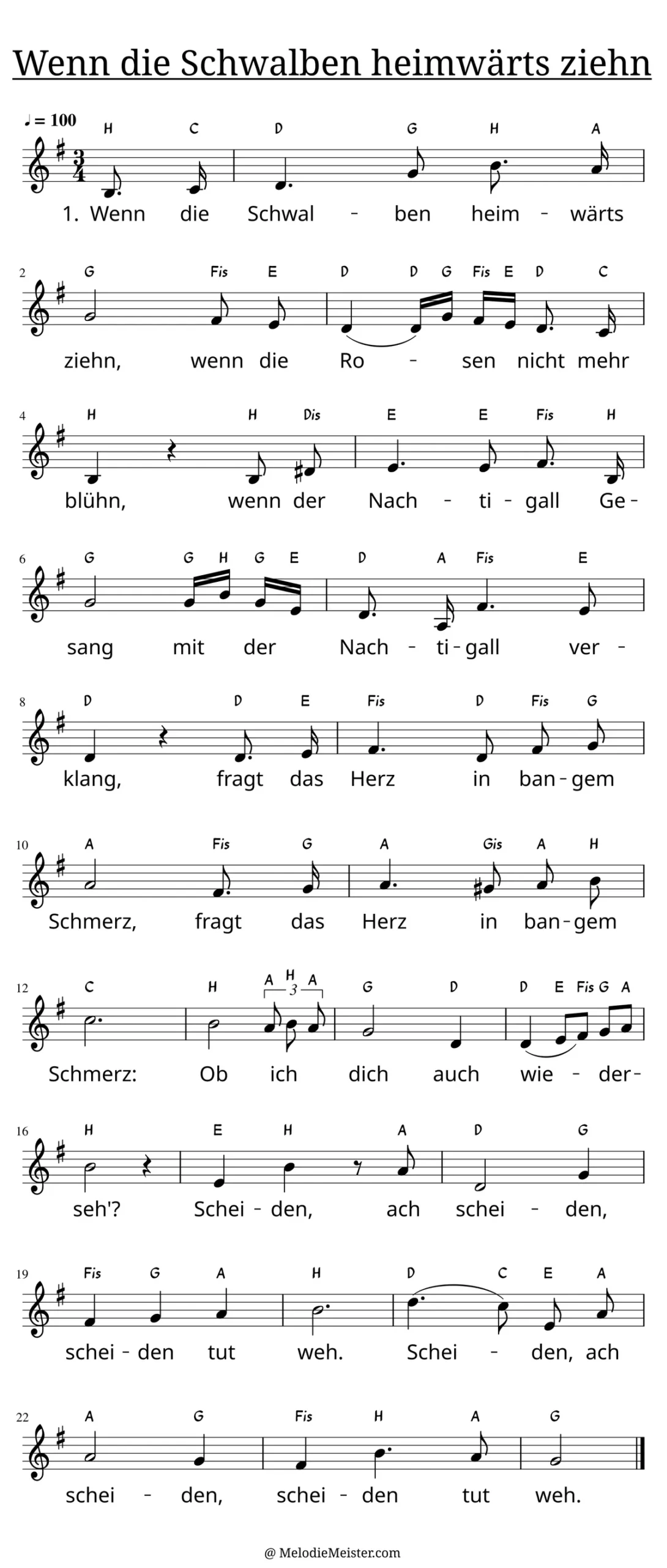 Notenblatt „Wenn die Schwalben heimwärts ziehn“. Einstimmige Melodie im Violinschlüssel, G-Dur, 3/4-Takt, mit der 1. Strophe des Liedtextes.