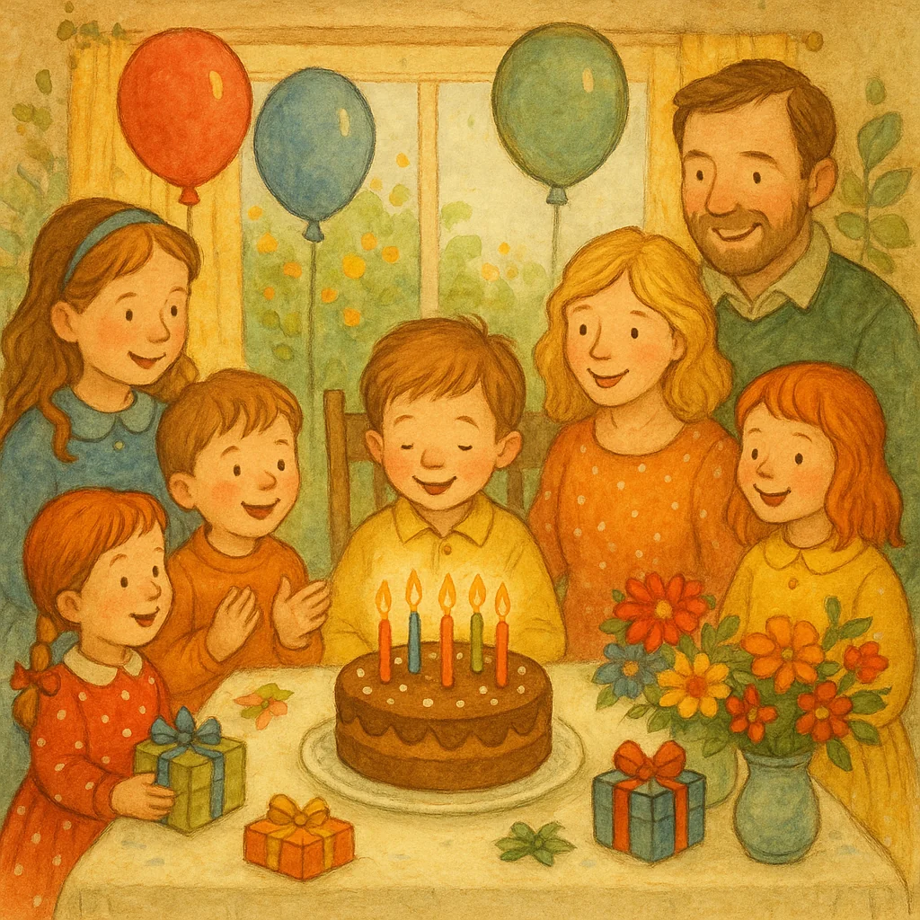 Fröhliche Geburtstagsrunde mit Kindern und Erwachsenen, die ein Kind am Tisch feiern, liebevoll illustriert wie im Kinderbuch.