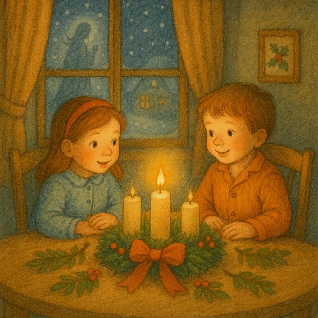 Zwei Kinder sitzen im warmen Wohnzimmer vor einem Adventskranz, auf dem das erste Lichtlein brennt. Durch das Fenster fällt Schnee, draußen ist die schemenhafte Gestalt des Christkinds zu sehen.