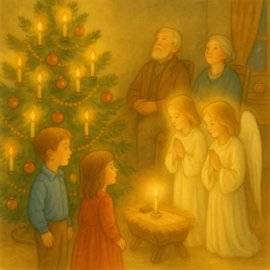 Ein festlich geschmückter Weihnachtsbaum mit brennenden Kerzen steht im Wohnzimmer. Zwei Kinder betrachten ihn ehrfürchtig. Im Hintergrund sitzen Großeltern still und andächtig. Vor dem Baum knien zwei leuchtende Engel mit gefalteten Händen. Die Szene ist in warmes Kerzenlicht getaucht, friedlich und voller Weihnachtszauber.
