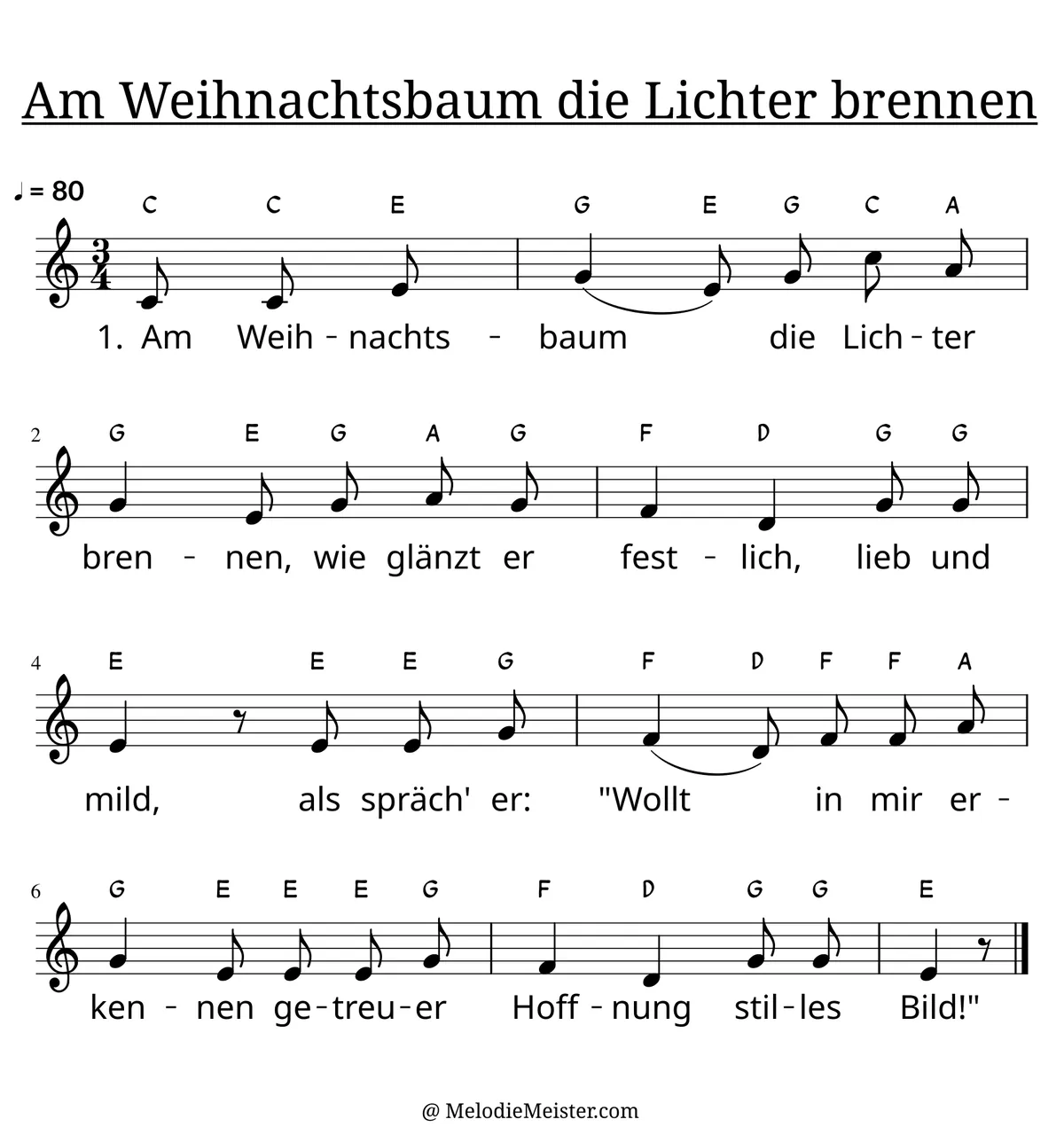 Notenblatt „Am Weihnachtsbaum die Lichter brennen“. Einstimmige Melodie im Violinschlüssel, , , mit der 1. Strophe des Liedtextes.
