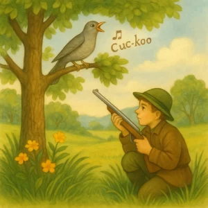 Ein Kuckuck sitzt singend auf einem Ast eines großen Laubbaums. Unten kniet ein junger Jäger mit grünem Hut und brauner Kleidung im Gras und blickt zum Vogel auf, die Flinte in den Händen. Umgeben ist die Szene von grüner Frühlingslandschaft, gelben Blumen und sanften Hügeln.