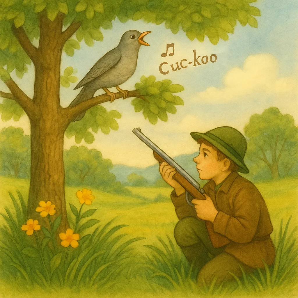 Ein Kuckuck sitzt singend auf einem Ast eines großen Laubbaums. Unten kniet ein junger Jäger mit grünem Hut und brauner Kleidung im Gras und blickt zum Vogel auf, die Flinte in den Händen. Umgeben ist die Szene von grüner Frühlingslandschaft, gelben Blumen und sanften Hügeln.